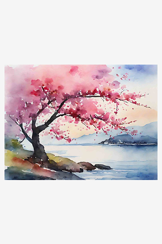 水彩画樱花风景插画