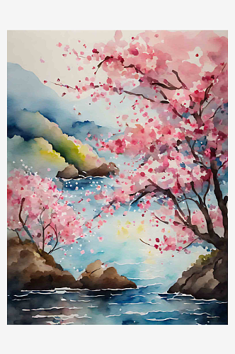 水彩画樱花风景插画