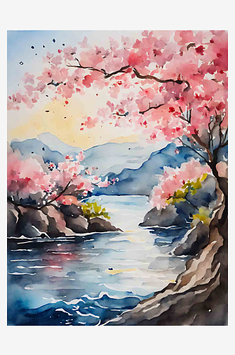 水彩画樱花风景插画