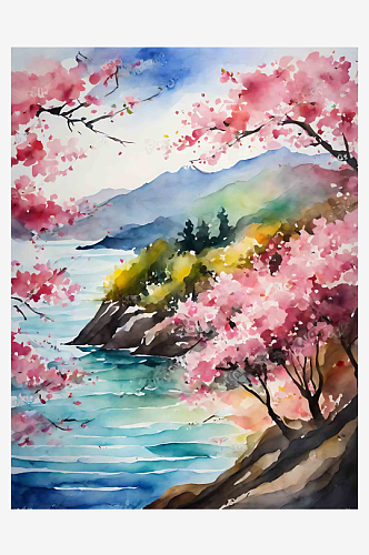 水彩画樱花风景插画