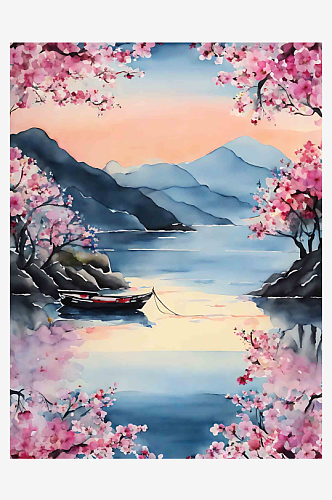 水彩画樱花风景插画