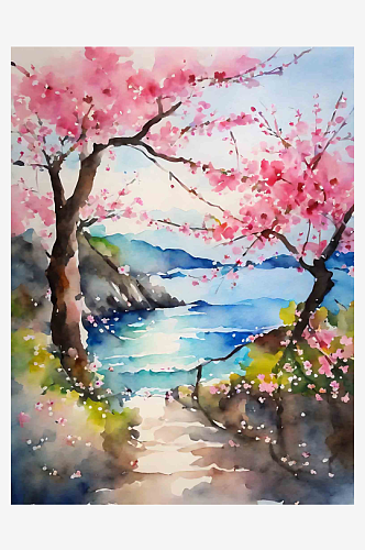 水彩画樱花风景插画