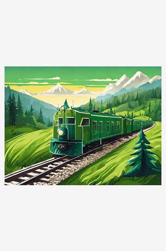 绿皮火车野外风景插画