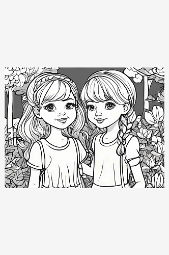 两个女孩合影插画