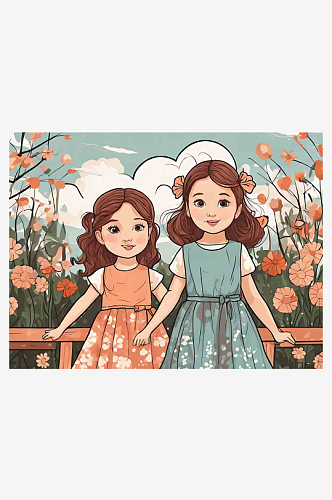 两个女孩合影插画