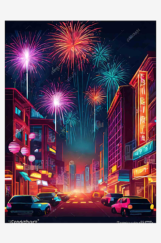 城市新年夜景霓虹灯焰火插画AI数字艺术