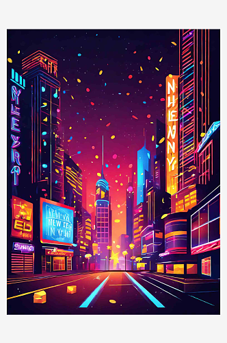 城市新年夜景霓虹灯焰火插画AI数字艺术