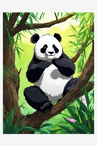 动漫风树上的熊猫AI数字艺术