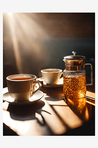 AI数字艺术摄影风被阳光照射的一杯茶