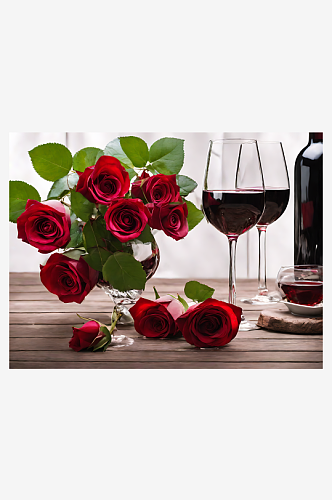 摄影风格红酒和玫瑰花AI数字艺术