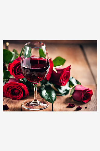 摄影风红酒和玫瑰花AI数字艺术