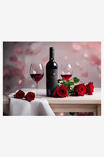 AI数字艺术摄影风红酒和玫瑰花