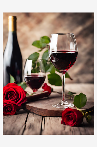 AI数字艺术摄影风红酒和玫瑰花