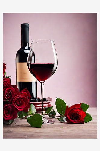 AI数字艺术摄影风格红酒和玫瑰花
