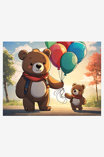 AI数字艺术动漫风拿着气球的小熊