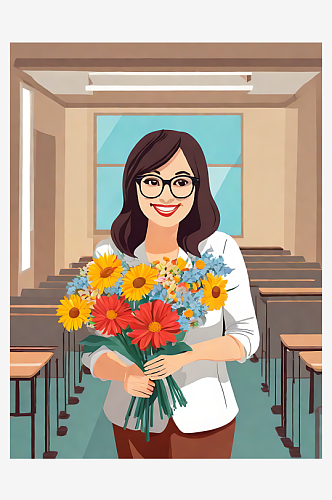 AI数字艺术卡通风戴眼镜手捧花的老师