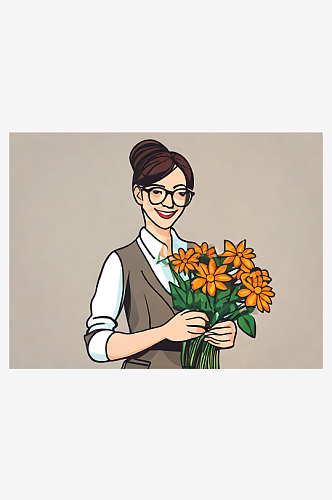 AI数字艺术卡通风戴眼镜手捧花的老师
