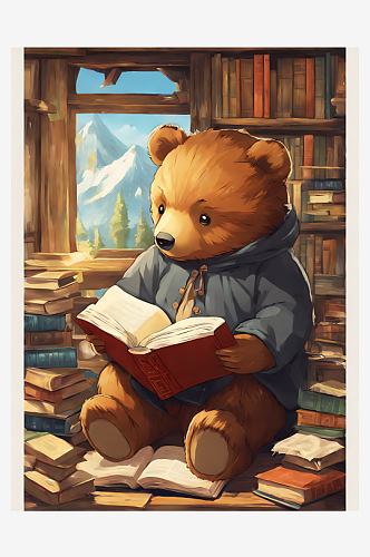 AI数字艺术动漫风看书的小熊