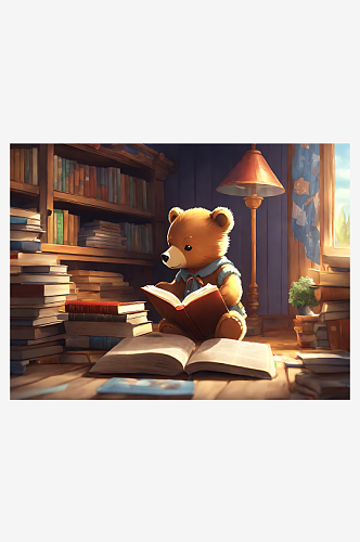 动漫风看书的小熊AI数字艺术