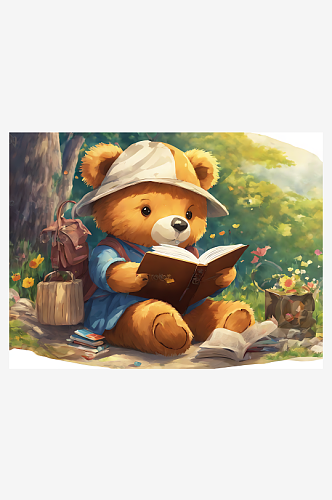 动漫风看书的小熊AI数字艺术