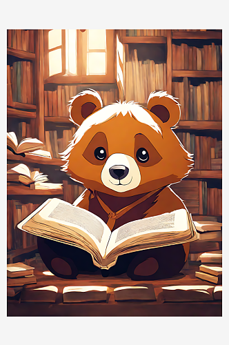 AI数字艺术动漫风看书的小熊