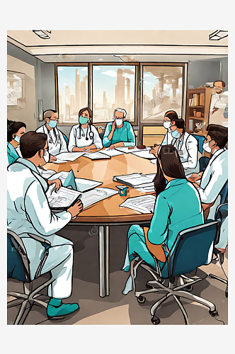 AI数字艺术卡通风开会的医护人员