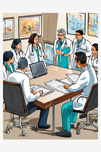 AI数字艺术卡通风开会的医护人员