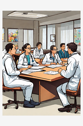 卡通风开会的医护人员AI数字艺术