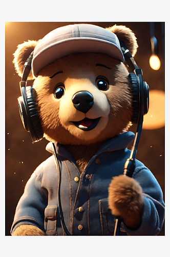 AI数字艺术动漫风戴耳机的小熊