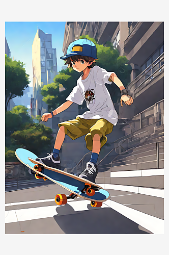 动漫风玩滑板的男孩AI数字艺术