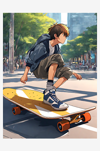 动漫风玩滑板的男孩AI数字艺术
