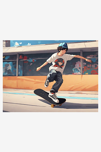 AI数字艺术动漫风玩滑板的男孩