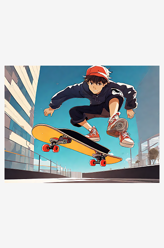 AI数字艺术动漫风玩滑板的男孩