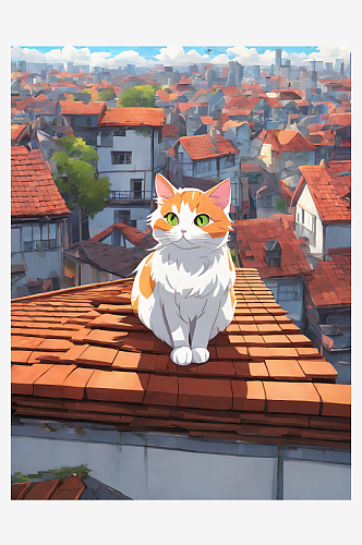 动漫风屋顶上的猫咪AI数字艺术