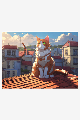 动漫风屋顶上的猫咪AI数字艺术