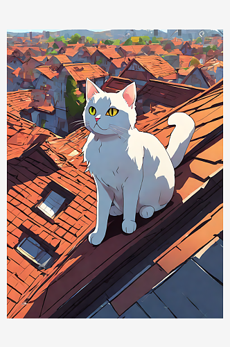 AI数字艺术动漫风屋顶上的猫咪
