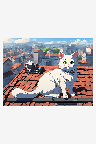 AI数字艺术动漫风屋顶上的猫咪