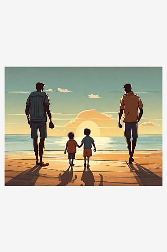 卡通风一家人在海边牵手背影AI数字艺术