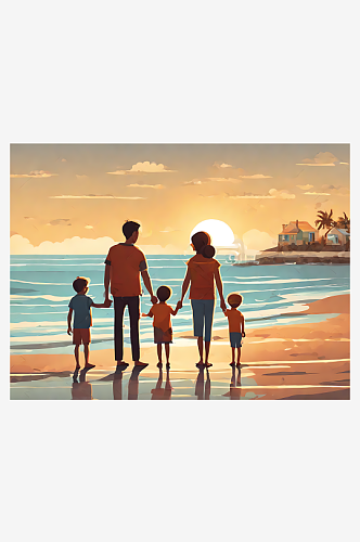 卡通风一家人在海边牵手背影AI数字艺术
