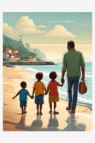 AI数字艺术卡通风一家人在海边牵手背影
