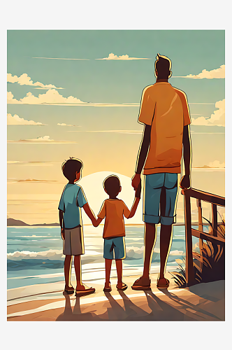 AI数字艺术卡通风一家人在海边牵手背影