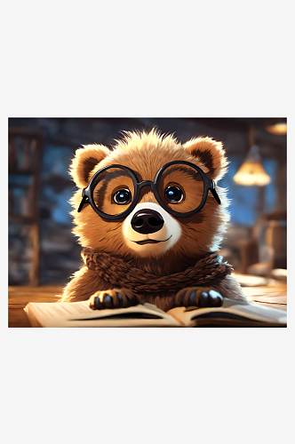 动漫风戴眼镜的小熊AI数字艺术