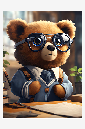 AI数字艺术动漫风戴眼镜的小熊