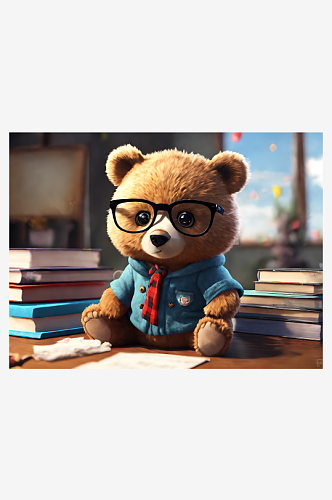 AI数字艺术动漫风戴眼镜的小熊