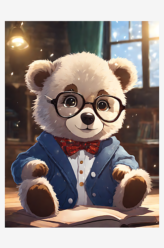 动漫风戴眼镜的小熊AI数字艺术