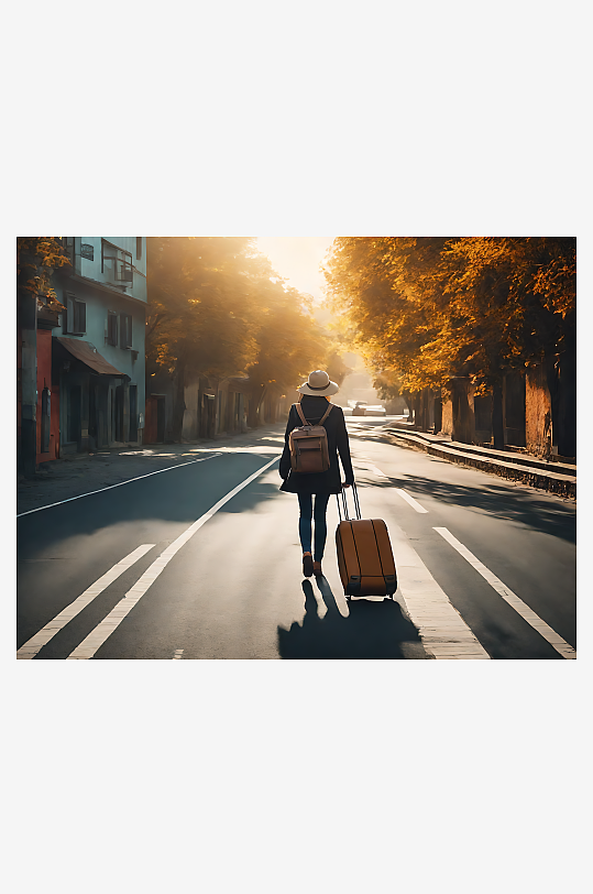 摄影风路上提着行李的人背影AI数字艺术