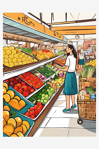 卡通风菜市场买菜场景AI数字艺术