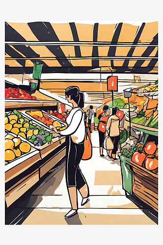卡通风菜市场买菜场景AI数字艺术