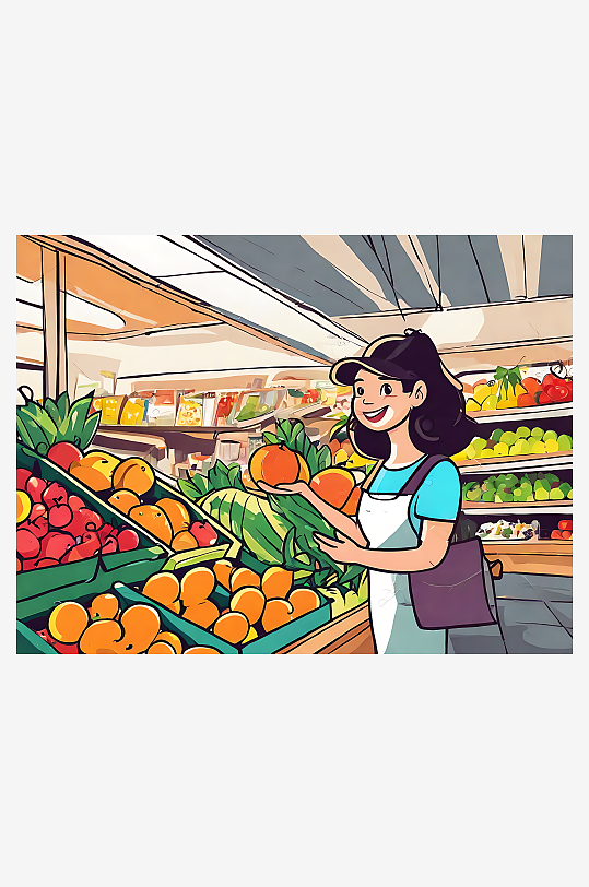 AI数字艺术卡通风菜市场买菜场景