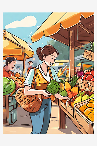 AI数字艺术卡通风菜市场买菜场景